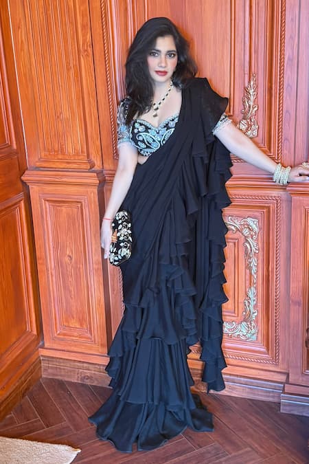 Rashika Sharma Black Net, Chiffon Beads, Zari, Embroidery Round Neck Ruffle Saree Set 