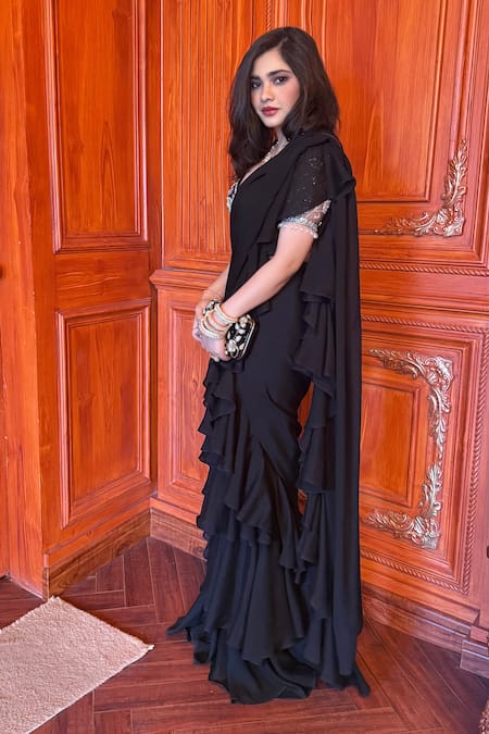 Buy_Rashika Sharma_Black Net, Chiffon Beads, Zari, Embroidery Round Neck Ruffle Saree Set _Online_at_Aza_Fashions