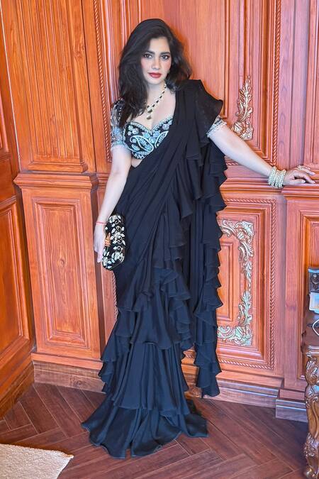 Shop_Rashika Sharma_Black Net, Chiffon Beads, Zari, Embroidery Round Neck Ruffle Saree Set _Online_at_Aza_Fashions