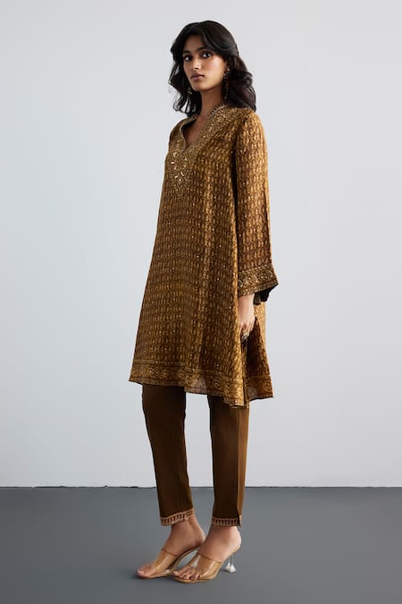 RI.Ritu Kumar Brown Silk, Viscose, Satin, Lycra Designer Ziba Print Kurta And Pant Set Online at Aza Fashions RI.Ritu Kumar_Brown Silk, Viscose, Satin, Lycra Designer Ziba Print Kurta And Pant Set _Online_at_Aza_Fashions