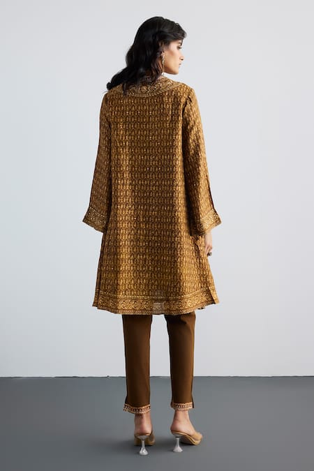 Shop RI.Ritu Kumar Brown Silk, Viscose, Satin, Lycra Designer Ziba Print Kurta And Pant Set Online at Aza Fashions Shop_RI.Ritu Kumar_Brown Silk, Viscose, Satin, Lycra Designer Ziba Print Kurta And Pant Set _Online_at_Aza_Fashions