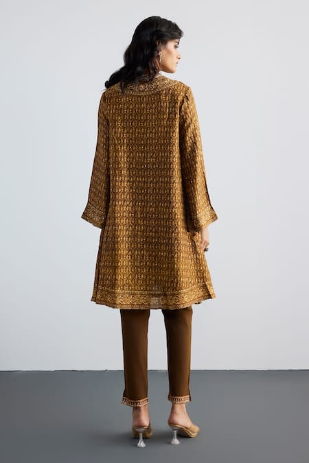 Shop RI.Ritu Kumar Brown Silk, Viscose, Satin, Lycra Designer Ziba Print Kurta And Pant Set at Aza Fashions Shop_RI.Ritu Kumar_Brown Silk, Viscose, Satin, Lycra Designer Ziba Print Kurta And Pant Set _at_Aza_Fashions