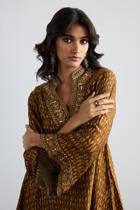 RI.Ritu Kumar Brown Silk, Viscose, Satin, Lycra Designer Ziba Print Kurta And Pant Set at Aza Fashions RI.Ritu Kumar_Brown Silk, Viscose, Satin, Lycra Designer Ziba Print Kurta And Pant Set _at_Aza_Fashions