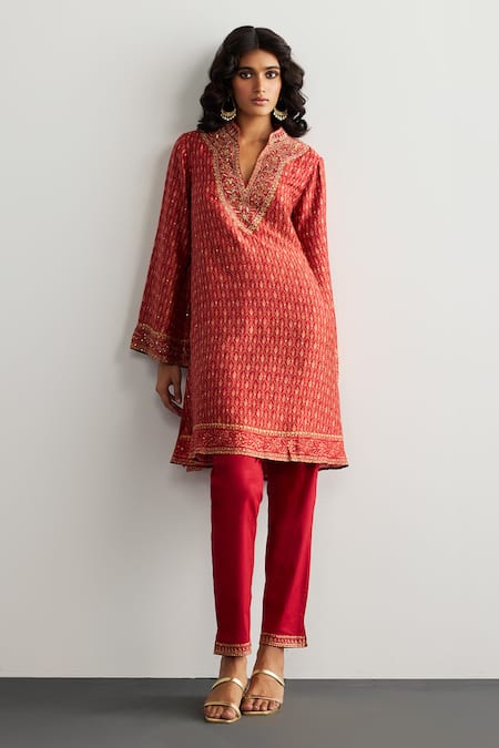 RI.Ritu Kumar Designer Red ZIBA Kurta & Pant Set 