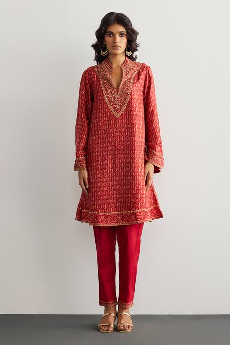 RI.Ritu Kumar Red Silk, Viscose, Satin, Lycra Embroidery Split Designer Ziba Kurta And Pant Set Online at Aza Fashions RI.Ritu Kumar_Red Silk, Viscose, Satin, Lycra Embroidery Split Designer Ziba Kurta And Pant Set _Online_at_Aza_Fashions