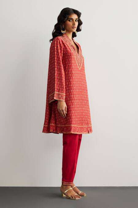 Buy RI.Ritu Kumar Red Silk, Viscose, Satin, Lycra Embroidery Split Designer Ziba Kurta And Pant Set Online at Aza Fashions Buy_RI.Ritu Kumar_Red Silk, Viscose, Satin, Lycra Embroidery Split Designer Ziba Kurta And Pant Set _Online_at_Aza_Fashions