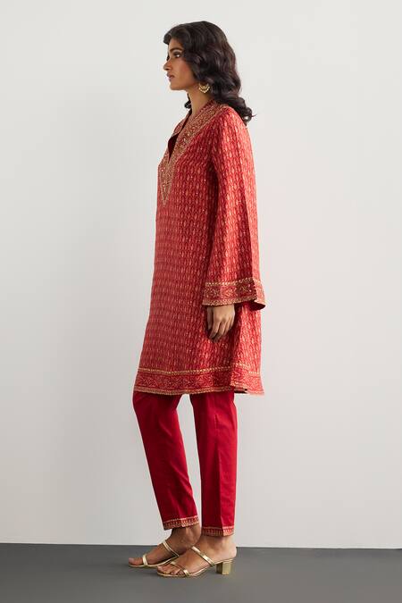 Shop RI.Ritu Kumar Red Silk, Viscose, Satin, Lycra Embroidery Split Designer Ziba Kurta And Pant Set Online at Aza Fashions Shop_RI.Ritu Kumar_Red Silk, Viscose, Satin, Lycra Embroidery Split Designer Ziba Kurta And Pant Set _Online_at_Aza_Fashions