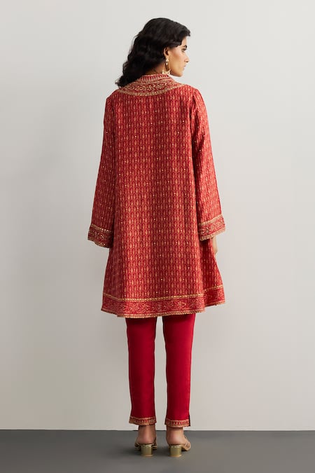 Shop RI.Ritu Kumar Red Silk, Viscose, Satin, Lycra Embroidery Split Designer Ziba Kurta And Pant Set at Aza Fashions Shop_RI.Ritu Kumar_Red Silk, Viscose, Satin, Lycra Embroidery Split Designer Ziba Kurta And Pant Set _at_Aza_Fashions