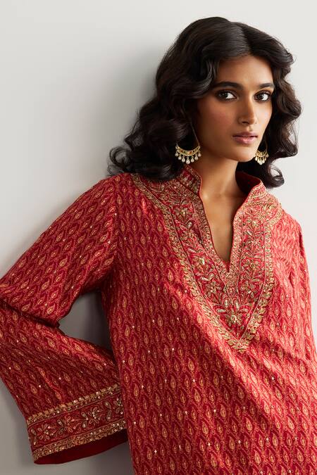 RI.Ritu Kumar Red Silk, Viscose, Satin, Lycra Embroidery Split Designer Ziba Kurta And Pant Set at Aza Fashions RI.Ritu Kumar_Red Silk, Viscose, Satin, Lycra Embroidery Split Designer Ziba Kurta And Pant Set _at_Aza_Fashions