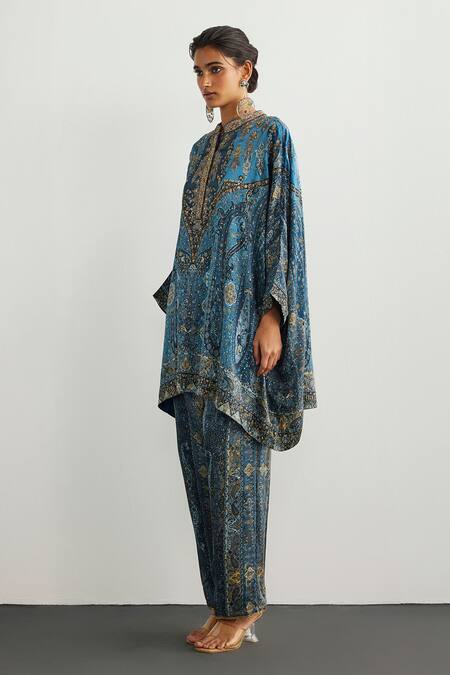 RI.Ritu Kumar Blue Silk Satin Embroidery High Neck Multi Jaisalmer Kaftan And Pant Set Online at Aza Fashions RI.Ritu Kumar_Blue Silk Satin Embroidery High Neck Multi Jaisalmer Kaftan And Pant Set _Online_at_Aza_Fashions