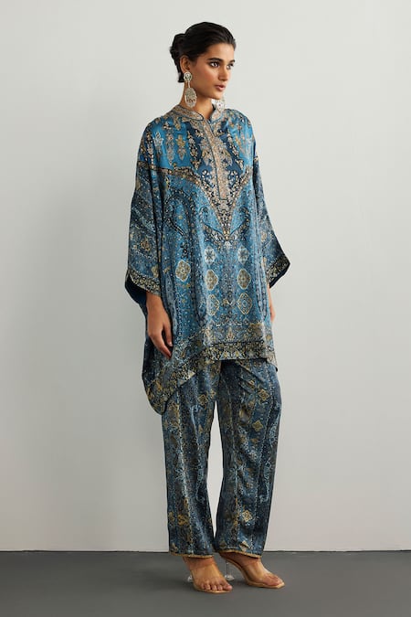 RI.Ritu Kumar Blue Multi Jaisalmer Kaftan & Pant Set 
