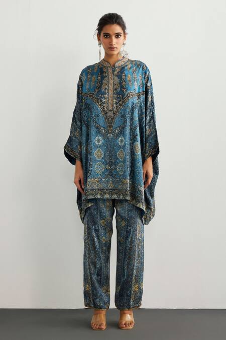 Buy RI.Ritu Kumar Blue Silk Satin Embroidery High Neck Multi Jaisalmer Kaftan And Pant Set Online at Aza Fashions Buy_RI.Ritu Kumar_Blue Silk Satin Embroidery High Neck Multi Jaisalmer Kaftan And Pant Set _Online_at_Aza_Fashions