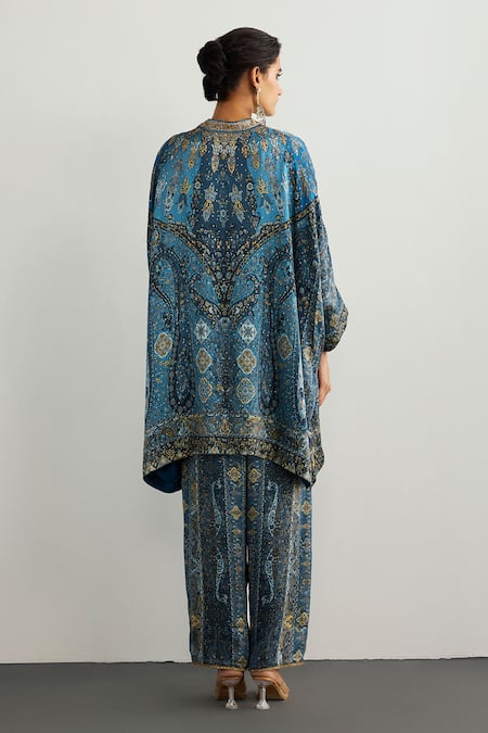 Shop RI.Ritu Kumar Blue Silk Satin Embroidery High Neck Multi Jaisalmer Kaftan And Pant Set at Aza Fashions Shop_RI.Ritu Kumar_Blue Silk Satin Embroidery High Neck Multi Jaisalmer Kaftan And Pant Set _at_Aza_Fashions