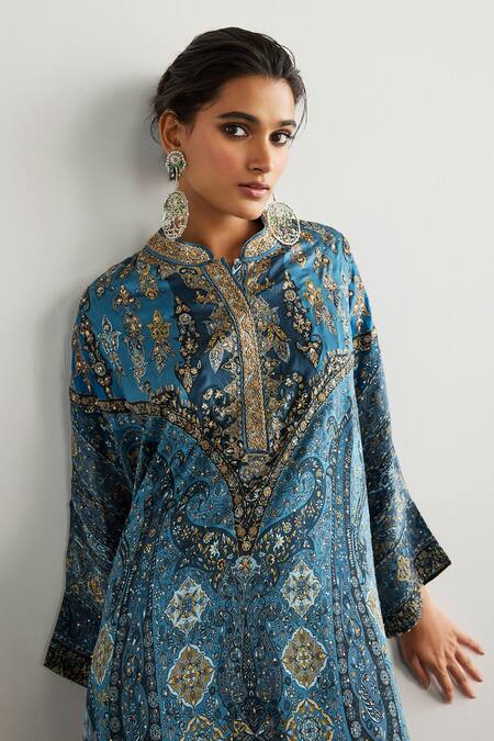 Shop RI.Ritu Kumar Blue Silk Satin Embroidery High Neck Multi Jaisalmer Kaftan And Pant Set Online at Aza Fashions Shop_RI.Ritu Kumar_Blue Silk Satin Embroidery High Neck Multi Jaisalmer Kaftan And Pant Set _Online_at_Aza_Fashions