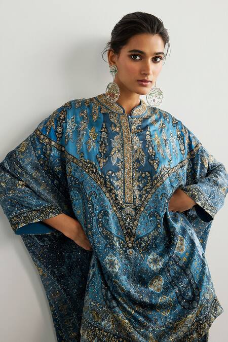 RI.Ritu Kumar Blue Silk Satin Embroidery High Neck Multi Jaisalmer Kaftan And Pant Set at Aza Fashions RI.Ritu Kumar_Blue Silk Satin Embroidery High Neck Multi Jaisalmer Kaftan And Pant Set _at_Aza_Fashions