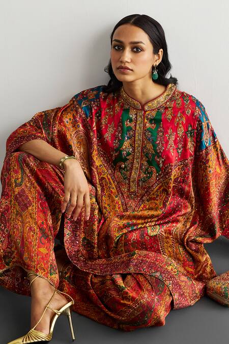 RI.Ritu Kumar Red Silk Satin Mandarin Collar Designer Jaisalmer Print Kaftan And Pant Set Online at Aza Fashions RI.Ritu Kumar_Red Silk Satin Mandarin Collar Designer Jaisalmer Print Kaftan And Pant Set _Online_at_Aza_Fashions