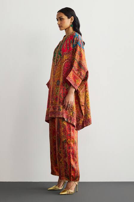 Buy RI.Ritu Kumar Red Silk Satin Mandarin Collar Designer Jaisalmer Print Kaftan And Pant Set Online at Aza Fashions Buy_RI.Ritu Kumar_Red Silk Satin Mandarin Collar Designer Jaisalmer Print Kaftan And Pant Set _Online_at_Aza_Fashions