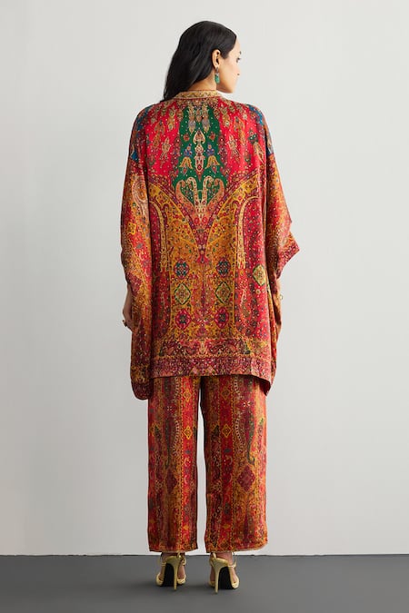 Shop RI.Ritu Kumar Red Silk Satin Mandarin Collar Designer Jaisalmer Print Kaftan And Pant Set at Aza Fashions Shop_RI.Ritu Kumar_Red Silk Satin Mandarin Collar Designer Jaisalmer Print Kaftan And Pant Set _at_Aza_Fashions