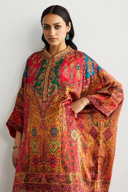 Shop RI.Ritu Kumar Red Silk Satin Mandarin Collar Designer Jaisalmer Print Kaftan And Pant Set Online at Aza Fashions Shop_RI.Ritu Kumar_Red Silk Satin Mandarin Collar Designer Jaisalmer Print Kaftan And Pant Set _Online_at_Aza_Fashions
