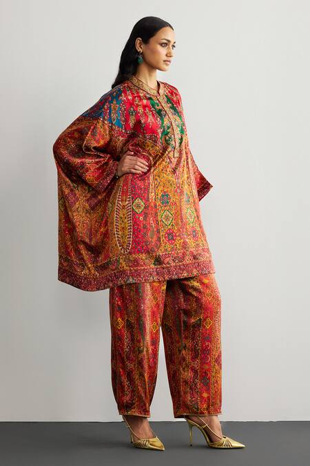 RI.Ritu Kumar Red Silk Satin Mandarin Collar Designer Jaisalmer Print Kaftan And Pant Set at Aza Fashions RI.Ritu Kumar_Red Silk Satin Mandarin Collar Designer Jaisalmer Print Kaftan And Pant Set _at_Aza_Fashions