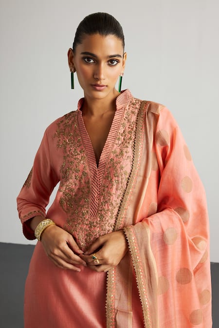 Buy RI.Ritu Kumar Peach Silk, Chanderi, Cotton Embroidery, Zari V-neck Nawabi Kurta Set Online at Aza Fashions Buy_RI.Ritu Kumar_Peach Silk, Chanderi, Cotton Embroidery, Zari V-neck Nawabi Kurta Set _Online_at_Aza_Fashions