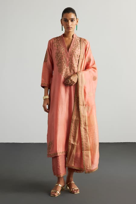 RI.Ritu Kumar Peach Nawabi Embroidered Kurta Set 
