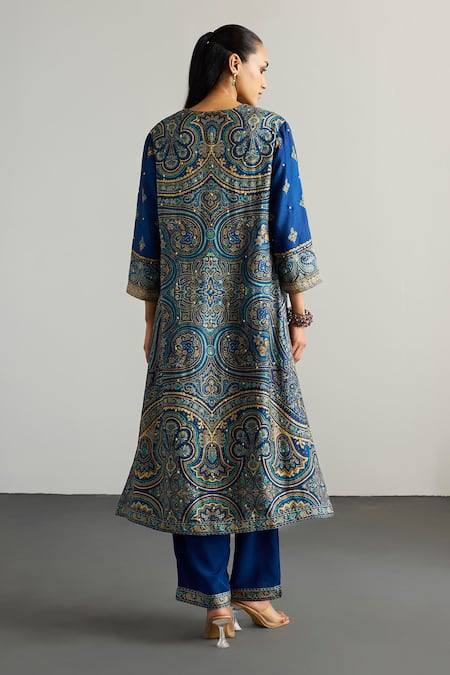 Shop RI.Ritu Kumar Blue Rayon, Crepe, Viscose Embroidery, Brocade Jamawar Kurta Pant Dupatta Set at Aza Fashions Shop_RI.Ritu Kumar_Blue Rayon, Crepe, Viscose Embroidery, Brocade Jamawar Kurta Pant Dupatta Set _at_Aza_Fashions