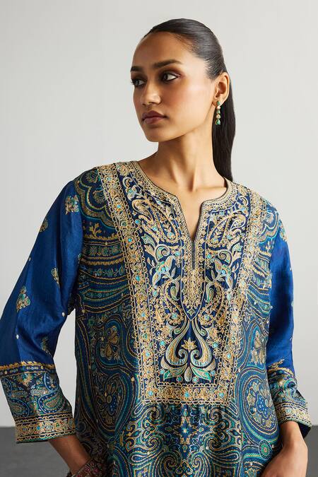 Buy RI.Ritu Kumar Blue Rayon, Crepe, Viscose Embroidery, Brocade Jamawar Kurta Pant Dupatta Set Buy_RI.Ritu Kumar_Blue Rayon, Crepe, Viscose Embroidery, Brocade Jamawar Kurta Pant Dupatta Set