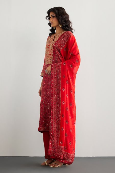RI.Ritu Kumar Red Rayon, Crepe, Viscose, Chinon Embroidery Split Jamawar Silk Kurta Pant Set Online at Aza Fashions RI.Ritu Kumar_Red Rayon, Crepe, Viscose, Chinon Embroidery Split Jamawar Silk Kurta Pant Set _Online_at_Aza_Fashions