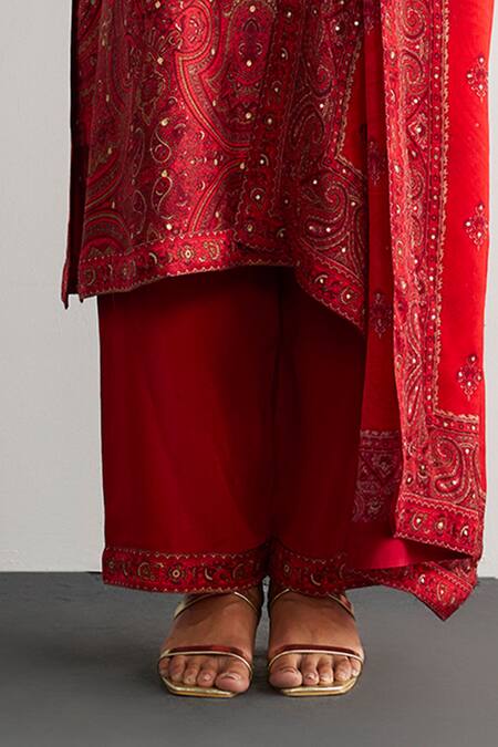 Shop RI.Ritu Kumar Red Rayon, Crepe, Viscose, Chinon Embroidery Split Jamawar Silk Kurta Pant Set Online at Aza Fashions Shop_RI.Ritu Kumar_Red Rayon, Crepe, Viscose, Chinon Embroidery Split Jamawar Silk Kurta Pant Set _Online_at_Aza_Fashions