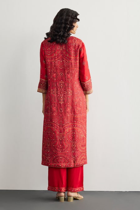 Shop RI.Ritu Kumar Red Rayon, Crepe, Viscose, Chinon Embroidery Split Jamawar Silk Kurta Pant Set at Aza Fashions Shop_RI.Ritu Kumar_Red Rayon, Crepe, Viscose, Chinon Embroidery Split Jamawar Silk Kurta Pant Set _at_Aza_Fashions