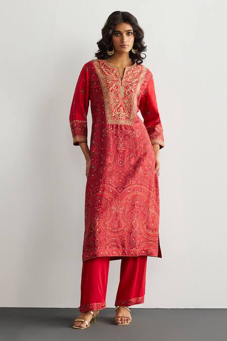 RI.Ritu Kumar Red Rayon, Crepe, Viscose, Chinon Embroidery Split Jamawar Silk Kurta Pant Set at Aza Fashions RI.Ritu Kumar_Red Rayon, Crepe, Viscose, Chinon Embroidery Split Jamawar Silk Kurta Pant Set _at_Aza_Fashions
