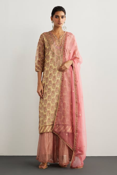 RI.Ritu Kumar Designer Off White & Pink Kurta Set 