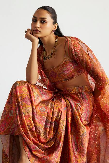 RI.Ritu Kumar Coral , Satin Sequins Multi Print Cape Bustier Skirt Set Online at Aza Fashions RI.Ritu Kumar_Coral , Satin Sequins Multi Print Cape Bustier Skirt Set _Online_at_Aza_Fashions