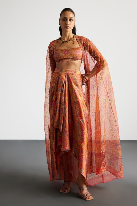 RI.Ritu Kumar Coral Multi Print Cape Bustier Skirt Set 