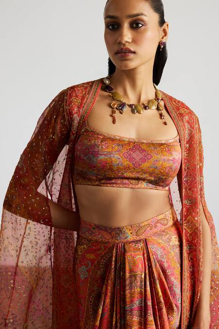 RI.Ritu Kumar Coral , Satin Sequins Multi Print Cape Bustier Skirt Set at Aza Fashions RI.Ritu Kumar_Coral , Satin Sequins Multi Print Cape Bustier Skirt Set _at_Aza_Fashions