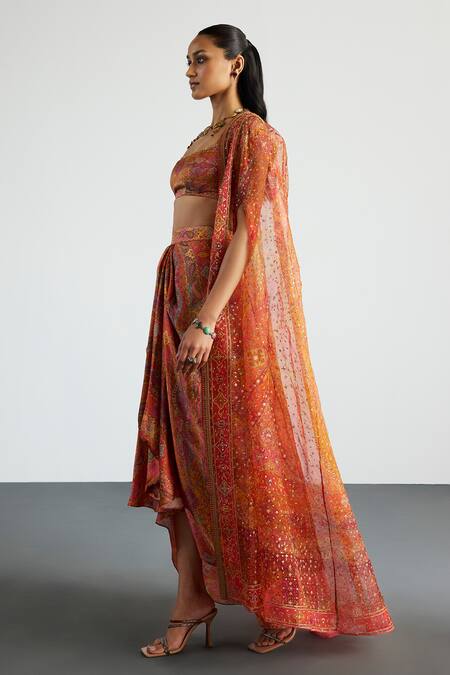 Buy RI.Ritu Kumar Coral , Satin Sequins Multi Print Cape Bustier Skirt Set Buy_RI.Ritu Kumar_Coral , Satin Sequins Multi Print Cape Bustier Skirt Set