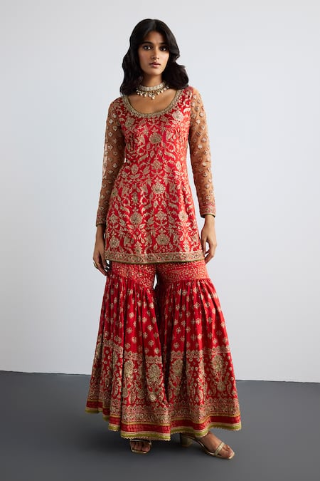 Buy RI.Ritu Kumar Red Silk Satin, Silk, Chinon Embroidery Round Lina Designer Kurta Garara Set Online at Aza Fashions Buy_RI.Ritu Kumar_Red Silk Satin, Silk, Chinon Embroidery Round Lina Designer Kurta Garara Set _Online_at_Aza_Fashions