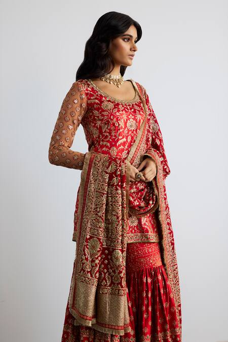 Shop RI.Ritu Kumar Red Silk Satin, Silk, Chinon Embroidery Round Lina Designer Kurta Garara Set Online at Aza Fashions Shop_RI.Ritu Kumar_Red Silk Satin, Silk, Chinon Embroidery Round Lina Designer Kurta Garara Set _Online_at_Aza_Fashions