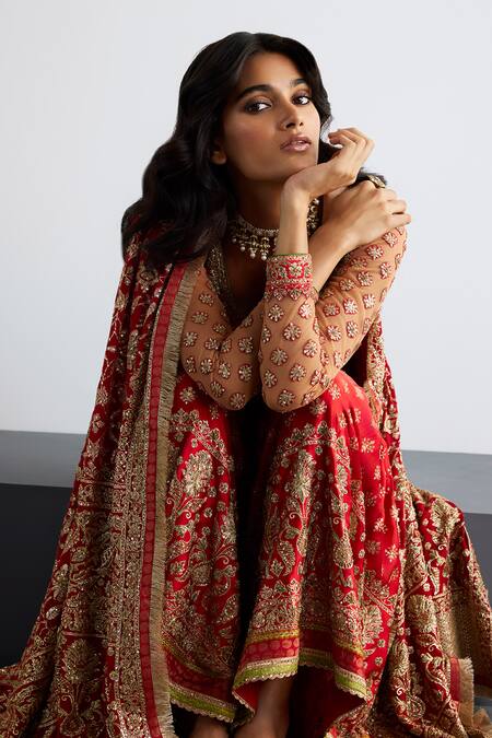 RI.Ritu Kumar Red Silk Satin, Silk, Chinon Embroidery Round Lina Designer Kurta Garara Set at Aza Fashions RI.Ritu Kumar_Red Silk Satin, Silk, Chinon Embroidery Round Lina Designer Kurta Garara Set _at_Aza_Fashions