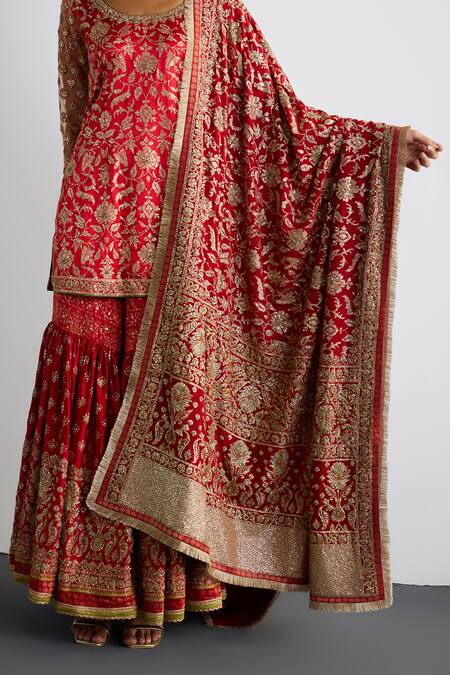Buy RI.Ritu Kumar Red Silk Satin, Silk, Chinon Embroidery Round Lina Designer Kurta Garara Set Buy_RI.Ritu Kumar_Red Silk Satin, Silk, Chinon Embroidery Round Lina Designer Kurta Garara Set