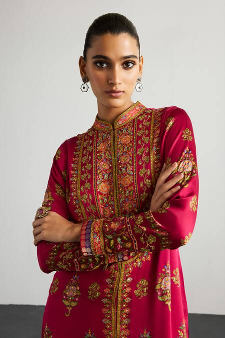 RI.Ritu Kumar Fuchsia Silk Satin, Viscose, Satin, Lycra, Fuschia Olive Designer Kurta Set Online at Aza Fashions RI.Ritu Kumar_Fuchsia Silk Satin, Viscose, Satin, Lycra, Fuschia Olive Designer Kurta Set _Online_at_Aza_Fashions