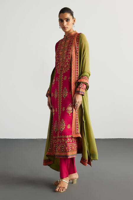 Buy RI.Ritu Kumar Fuchsia Silk Satin, Viscose, Satin, Lycra, Fuschia Olive Designer Kurta Set Online at Aza Fashions Buy_RI.Ritu Kumar_Fuchsia Silk Satin, Viscose, Satin, Lycra, Fuschia Olive Designer Kurta Set _Online_at_Aza_Fashions