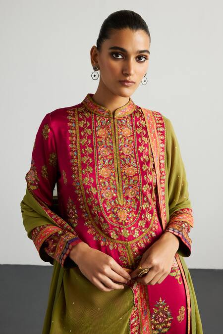 Shop RI.Ritu Kumar Fuchsia Silk Satin, Viscose, Satin, Lycra, Fuschia Olive Designer Kurta Set Online at Aza Fashions Shop_RI.Ritu Kumar_Fuchsia Silk Satin, Viscose, Satin, Lycra, Fuschia Olive Designer Kurta Set _Online_at_Aza_Fashions