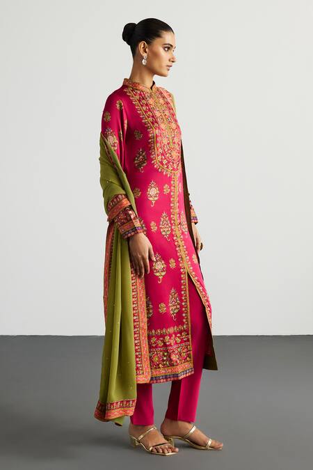 RI.Ritu Kumar Fuchsia Silk Satin, Viscose, Satin, Lycra, Fuschia Olive Designer Kurta Set at Aza Fashions RI.Ritu Kumar_Fuchsia Silk Satin, Viscose, Satin, Lycra, Fuschia Olive Designer Kurta Set _at_Aza_Fashions
