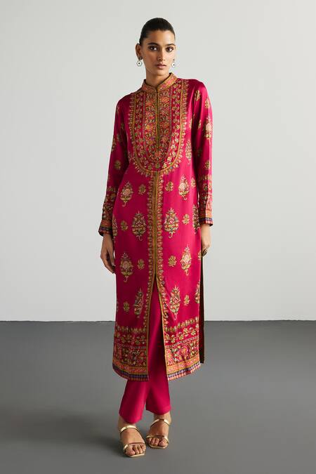 Buy RI.Ritu Kumar Fuchsia Silk Satin, Viscose, Satin, Lycra, Fuschia Olive Designer Kurta Set Buy_RI.Ritu Kumar_Fuchsia Silk Satin, Viscose, Satin, Lycra, Fuschia Olive Designer Kurta Set