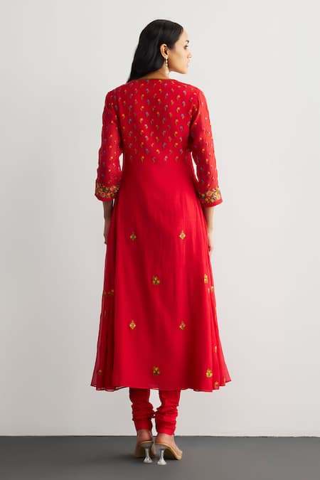 Shop RI.Ritu Kumar Red Chanderi, Silk, Cotton, Lycra Embroidery Round Neck Haldi Kurta Set at Aza Fashions Shop_RI.Ritu Kumar_Red Chanderi, Silk, Cotton, Lycra Embroidery Round Neck Haldi Kurta Set _at_Aza_Fashions