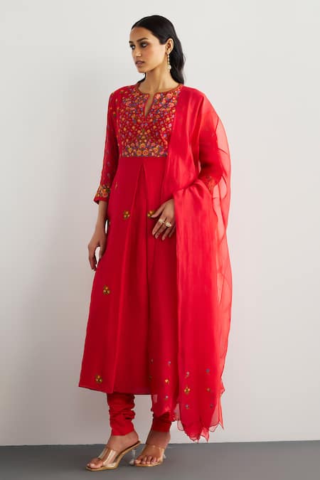 Buy RI.Ritu Kumar Red Chanderi, Silk, Cotton, Lycra Embroidery Round Neck Haldi Kurta Set Online at Aza Fashions Buy_RI.Ritu Kumar_Red Chanderi, Silk, Cotton, Lycra Embroidery Round Neck Haldi Kurta Set _Online_at_Aza_Fashions