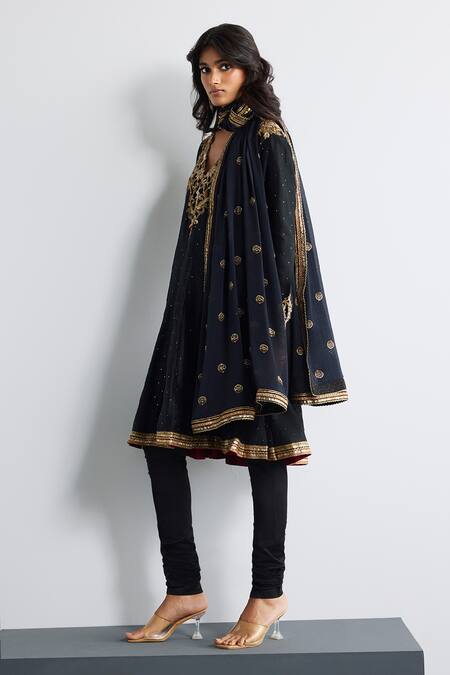 RI.Ritu Kumar Black Silk, Chanderi, Satin, Lycra, Net Zari, Sequins, Designer Kurta Set Online at Aza Fashions RI.Ritu Kumar_Black Silk, Chanderi, Satin, Lycra, Net Zari, Sequins, Designer Kurta Set _Online_at_Aza_Fashions
