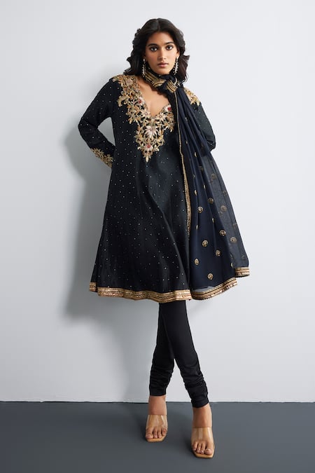 RI.Ritu Kumar Designer Black Silk Chanderi Kurta Set 